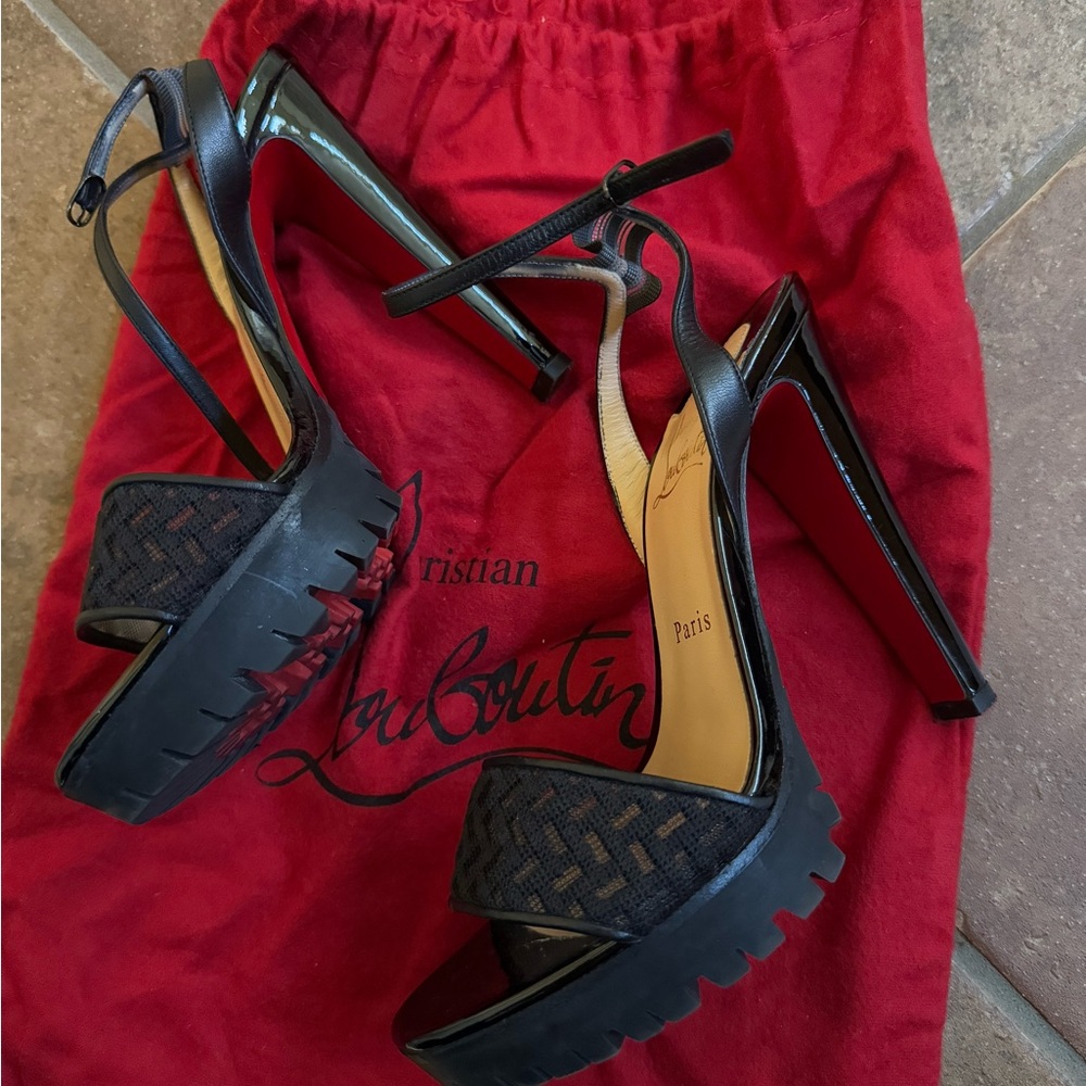 Christian Louboutin platform heel sandals black patent leather
